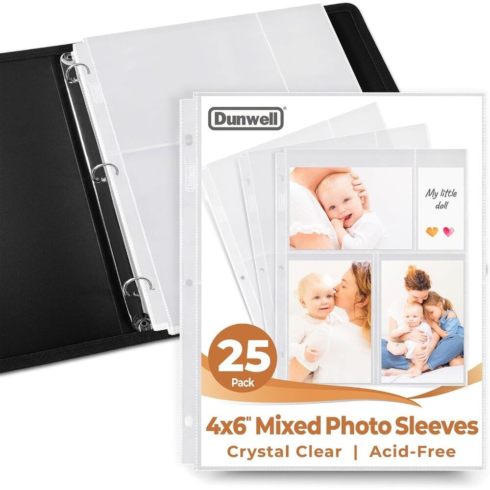Photo Sleeves for 3-Ring Binder, 4x6 Mixed Format, 25 Pack for 150 Pictures, Eac